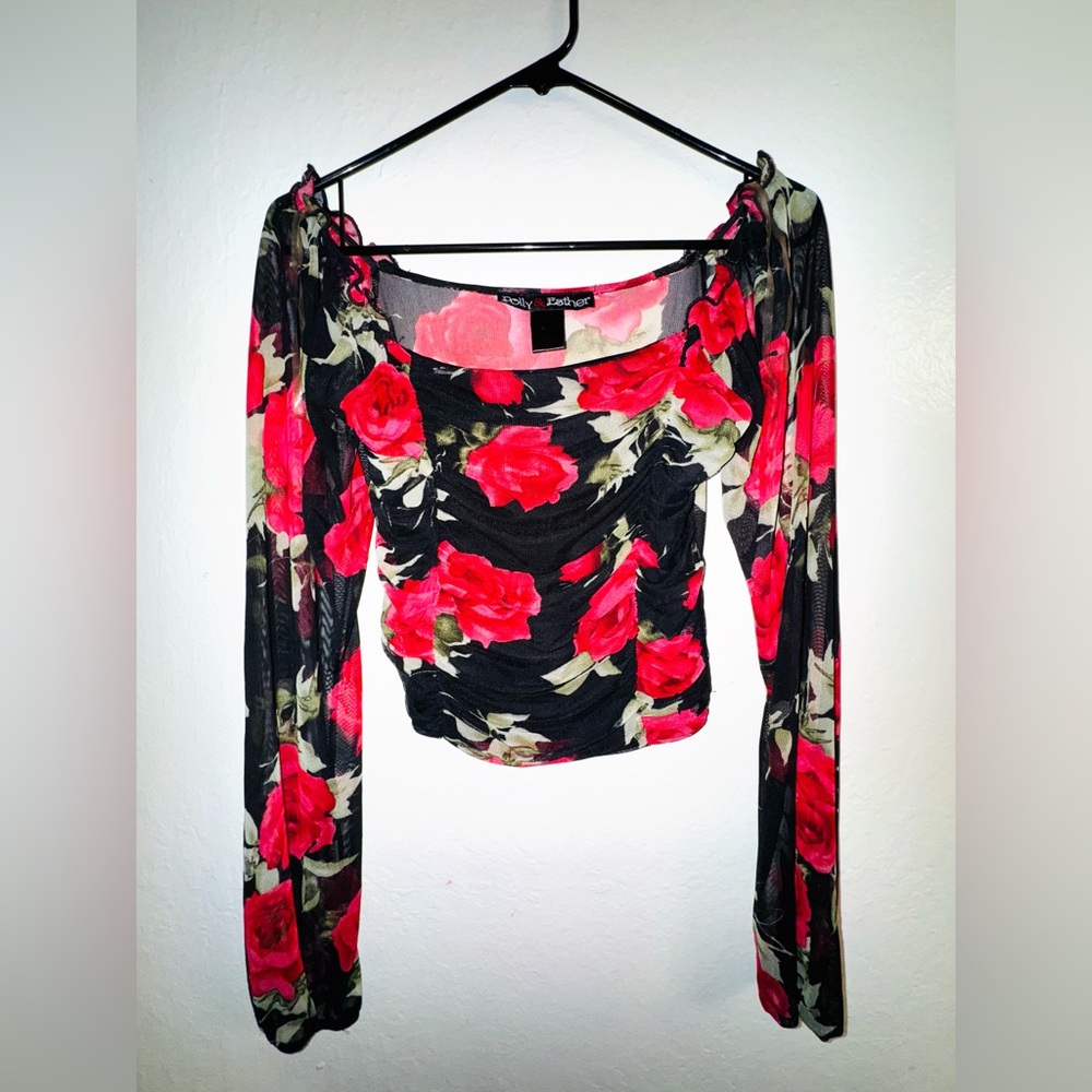 Floral Mesh Long Sleeve Top - Black and Red